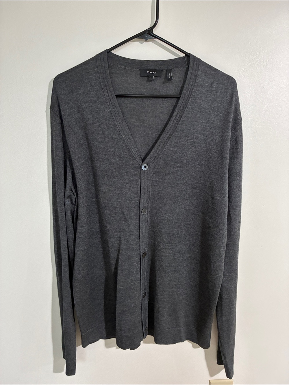 Theory Men’s Large Gray Lightweight V-Neck Button Front Cardigan